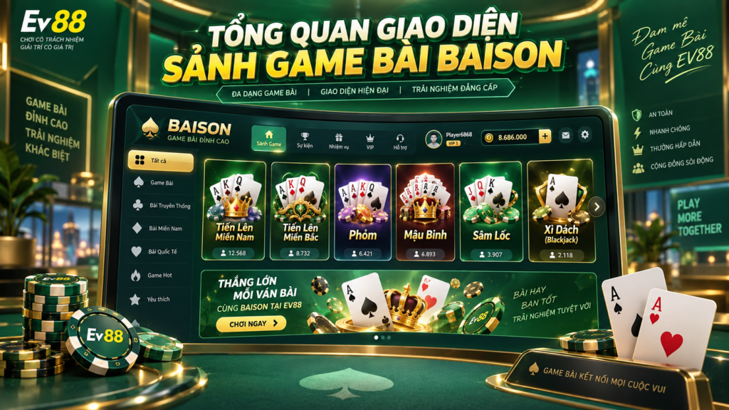 Tổng quan giao diện sảnh Game Bài BAISON tại EV88